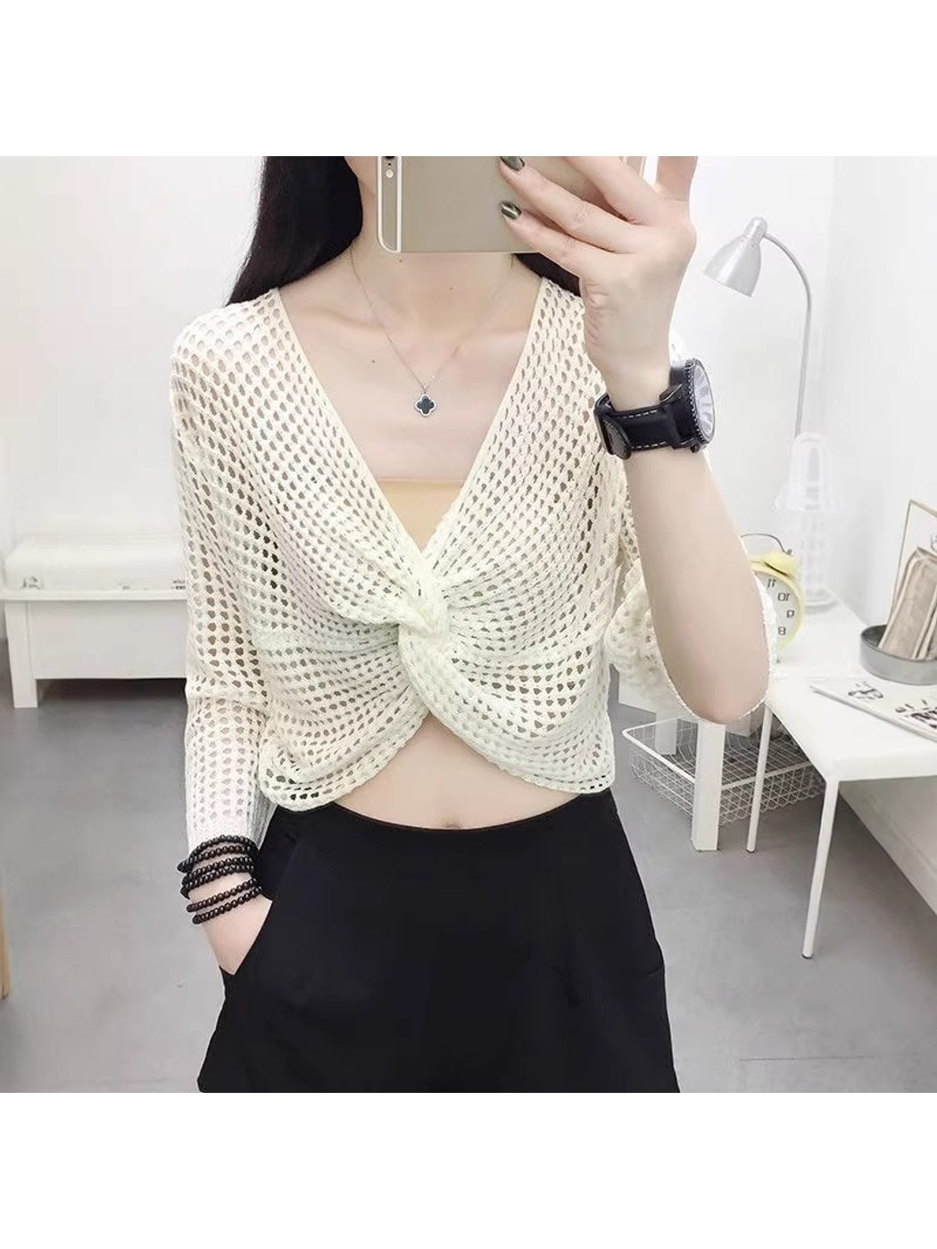 Crosa - V Neck Openwork Long Sleeve Cover Up
