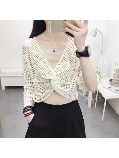 Crosa - V Neck Openwork Long Sleeve Cover Up