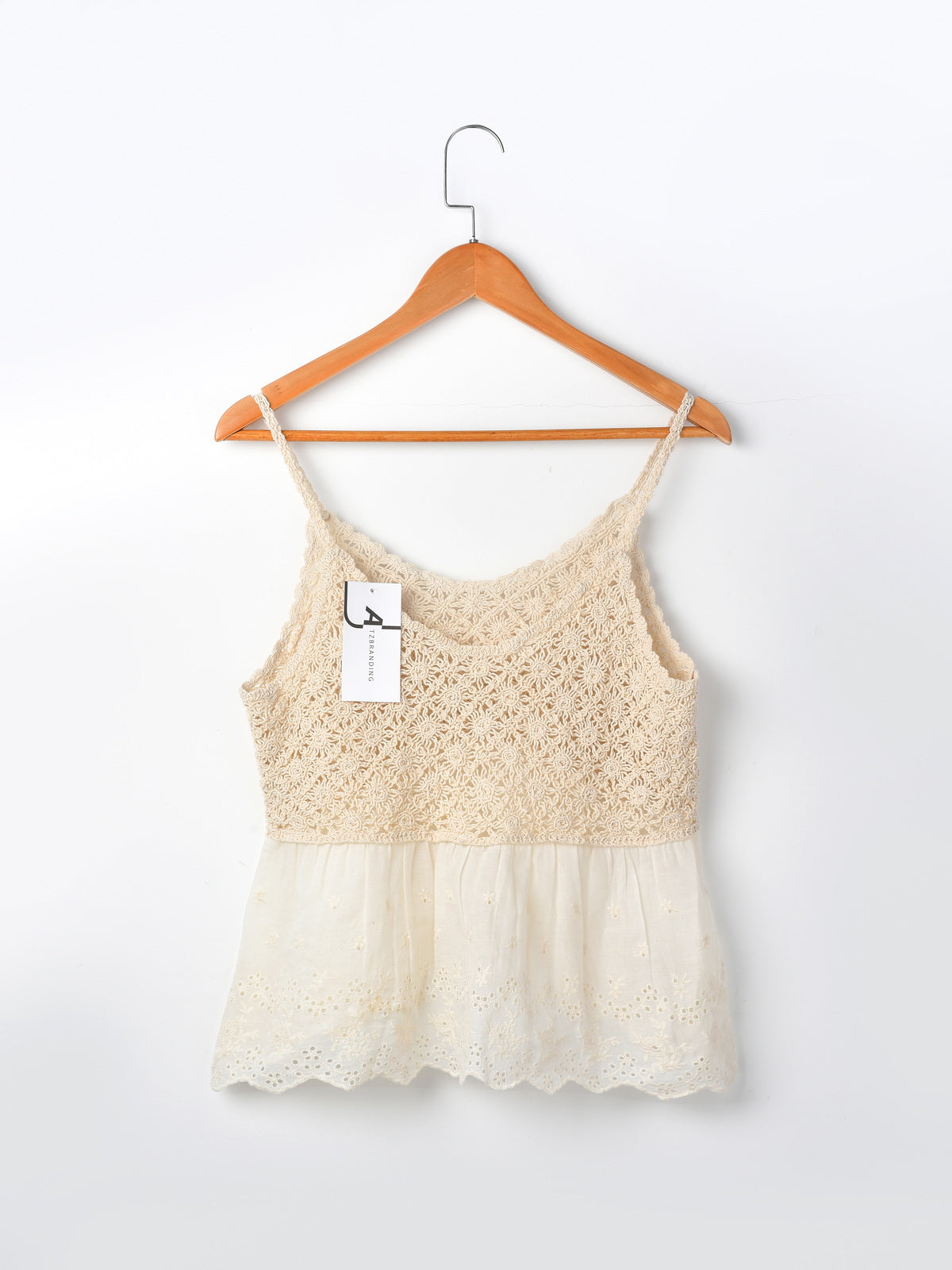 Vesty - Lace-Knit V-Neck Cami Top - White & Beige