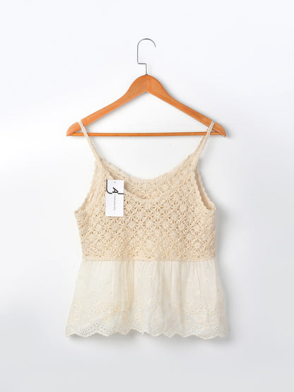Vesty - Lace-Knit V-Neck Cami Top - White & Beige