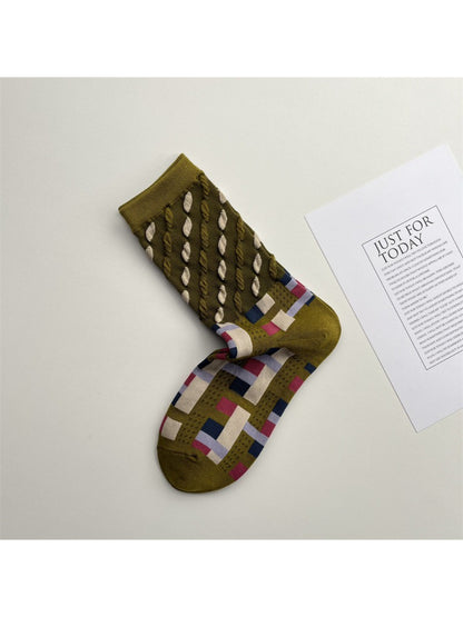 Rufia - Color Block Mid-Calf Socks – Check & Dots