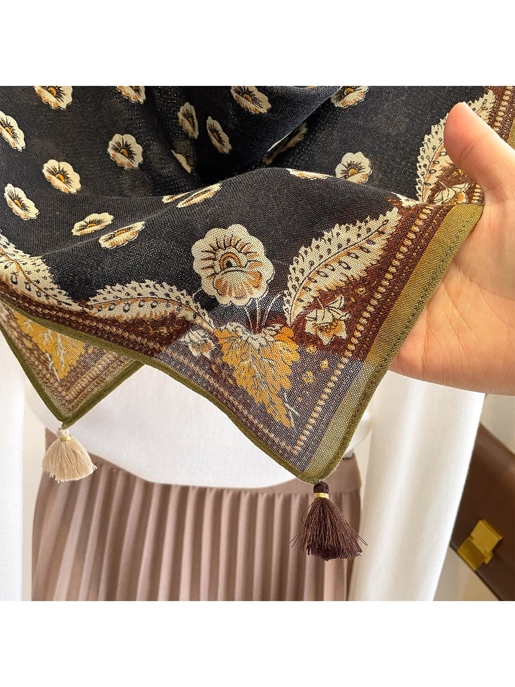 Scarvii - Brown Toned Floral Border Square Scarf