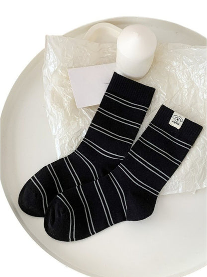 Rufia - Striped Puppy Mid-calf Socks - Cute & Stylish