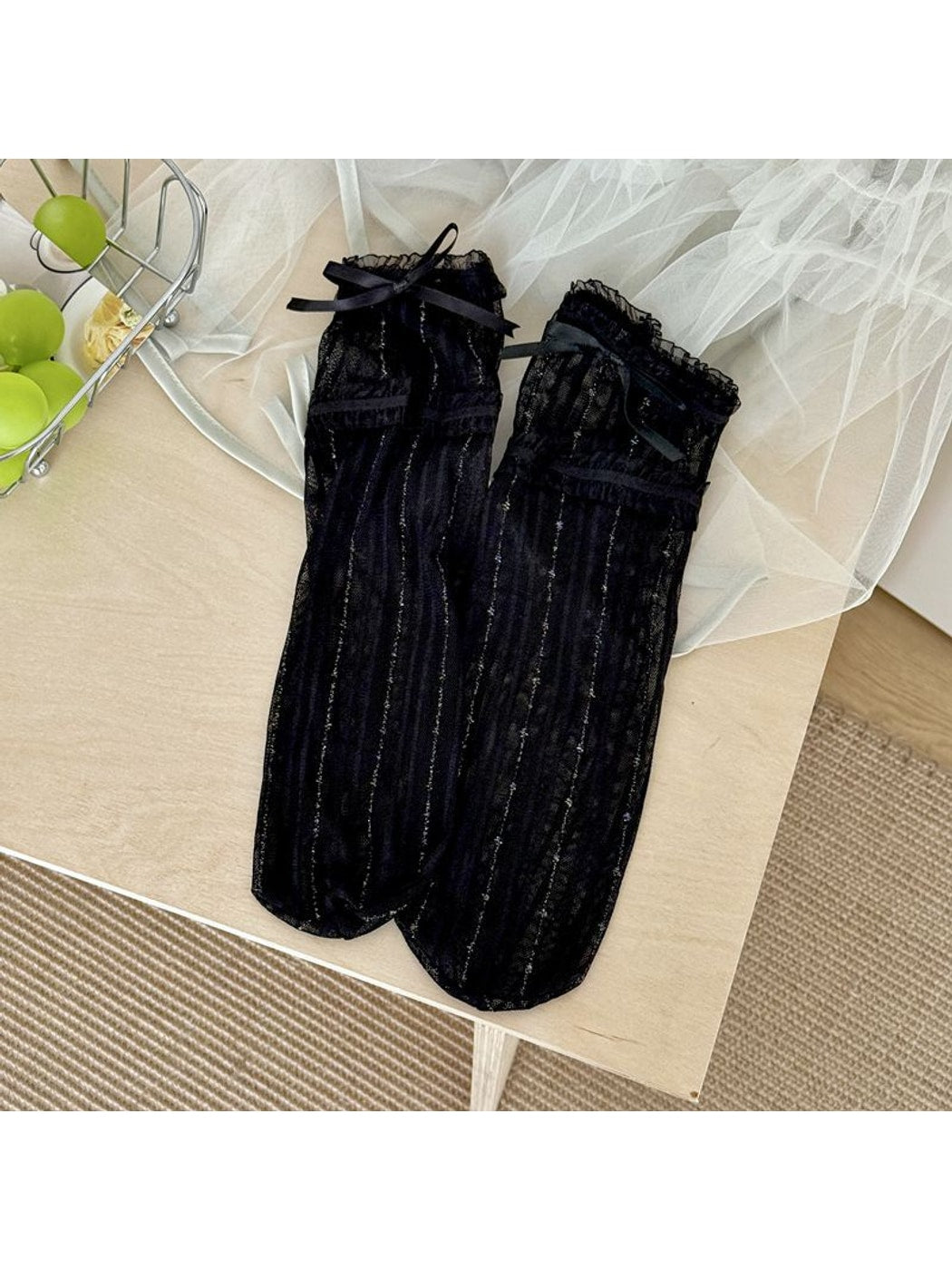 Rufia - Sweet Lace Trim Detail Ribbed Sheer Crew Socks