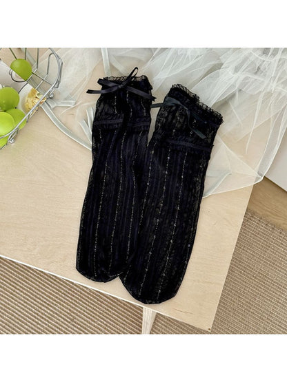 Rufia - Sweet Lace Trim Detail Ribbed Sheer Crew Socks