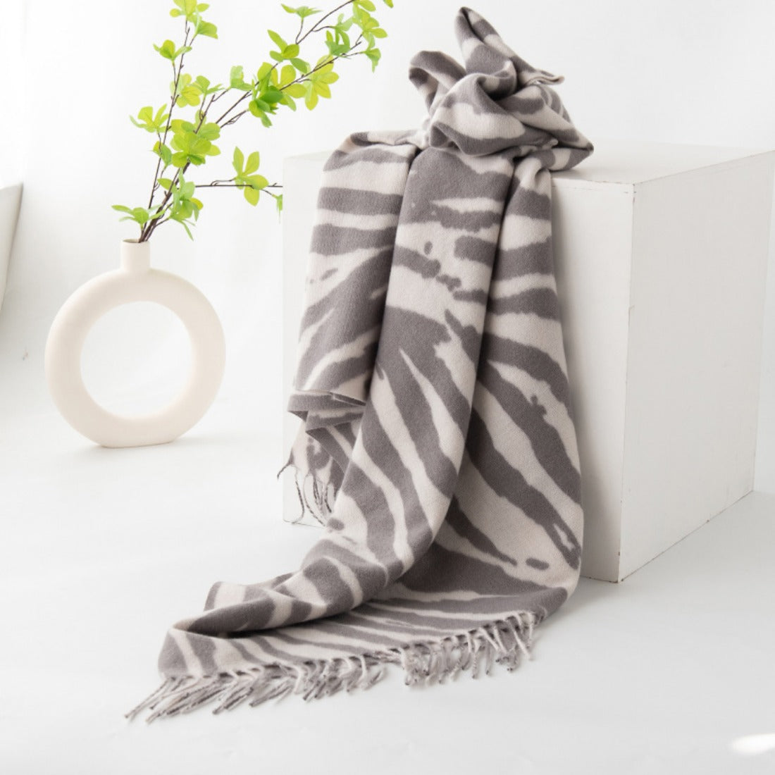 Scarvii - Gray Zebra Print Tassel Scarf