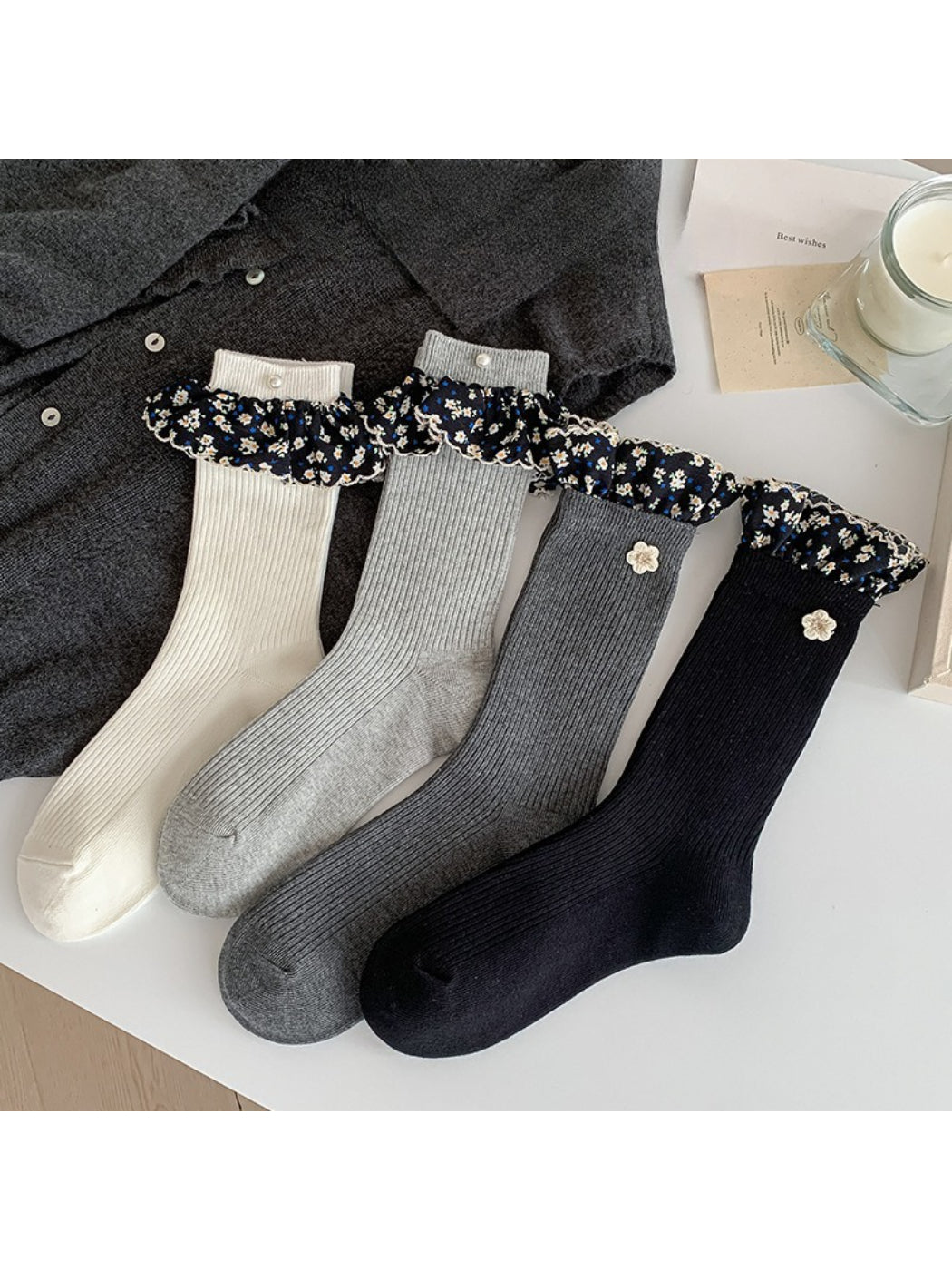 Rufia - Ruffled Floral Trim Crew Socks