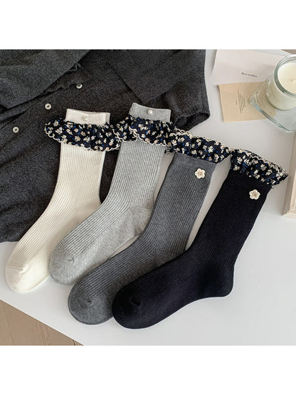 Rufia - Ruffled Floral Trim Crew Socks