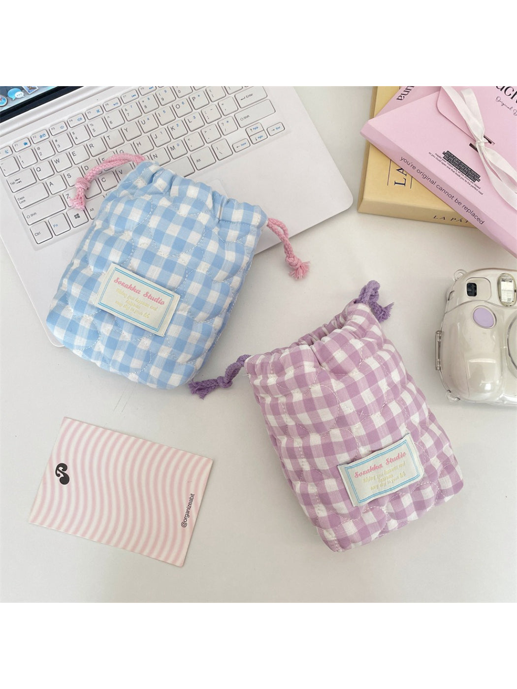 Cosbai - Gingham Padded Drawstring Pouch Bag