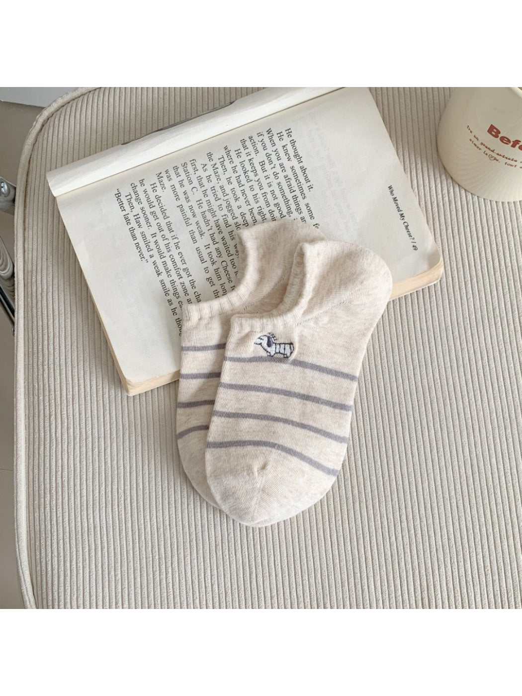 Rufia Dog Stripe No Show Socks worn on feet showing low cut style and dog stripe pattern