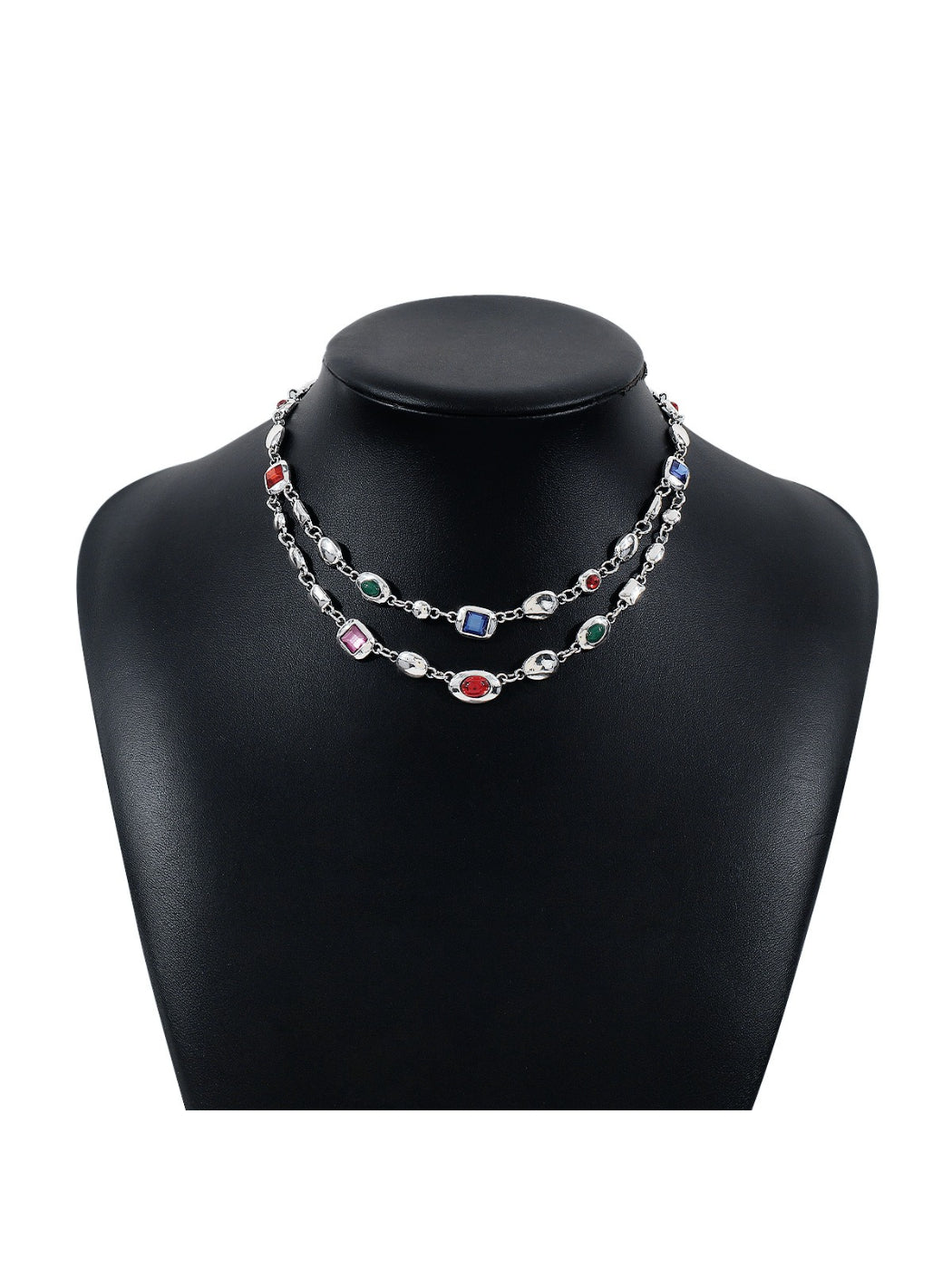 Neckit layered gem chain necklace displayed on a jewelry stand showing chain details
