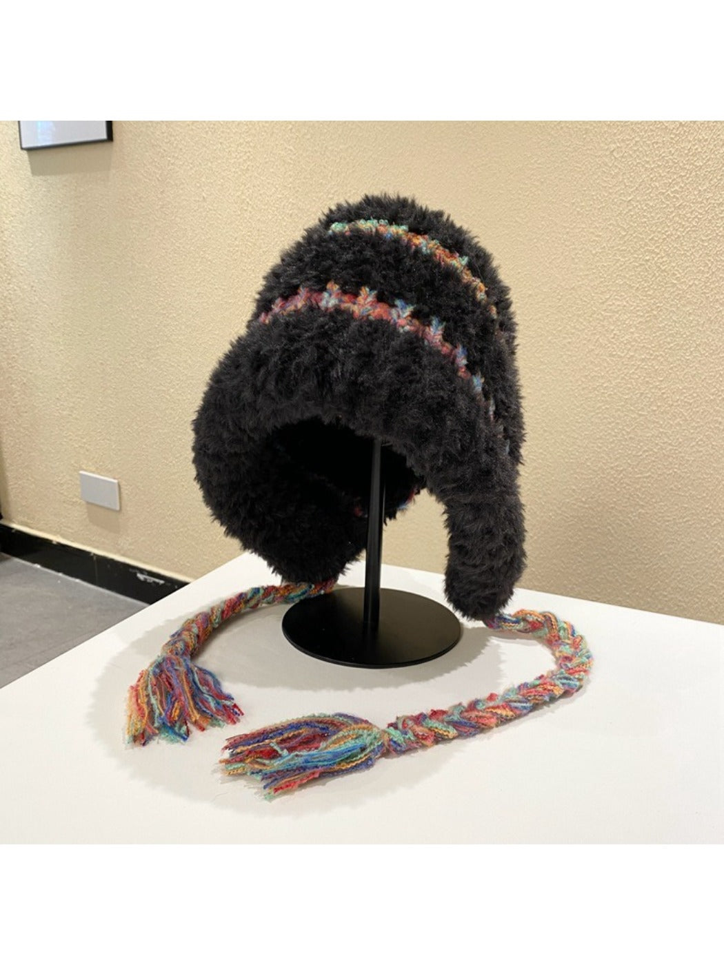 Haila - Plush & Heavyweight Color-Block Earflap Beanie with Tassels