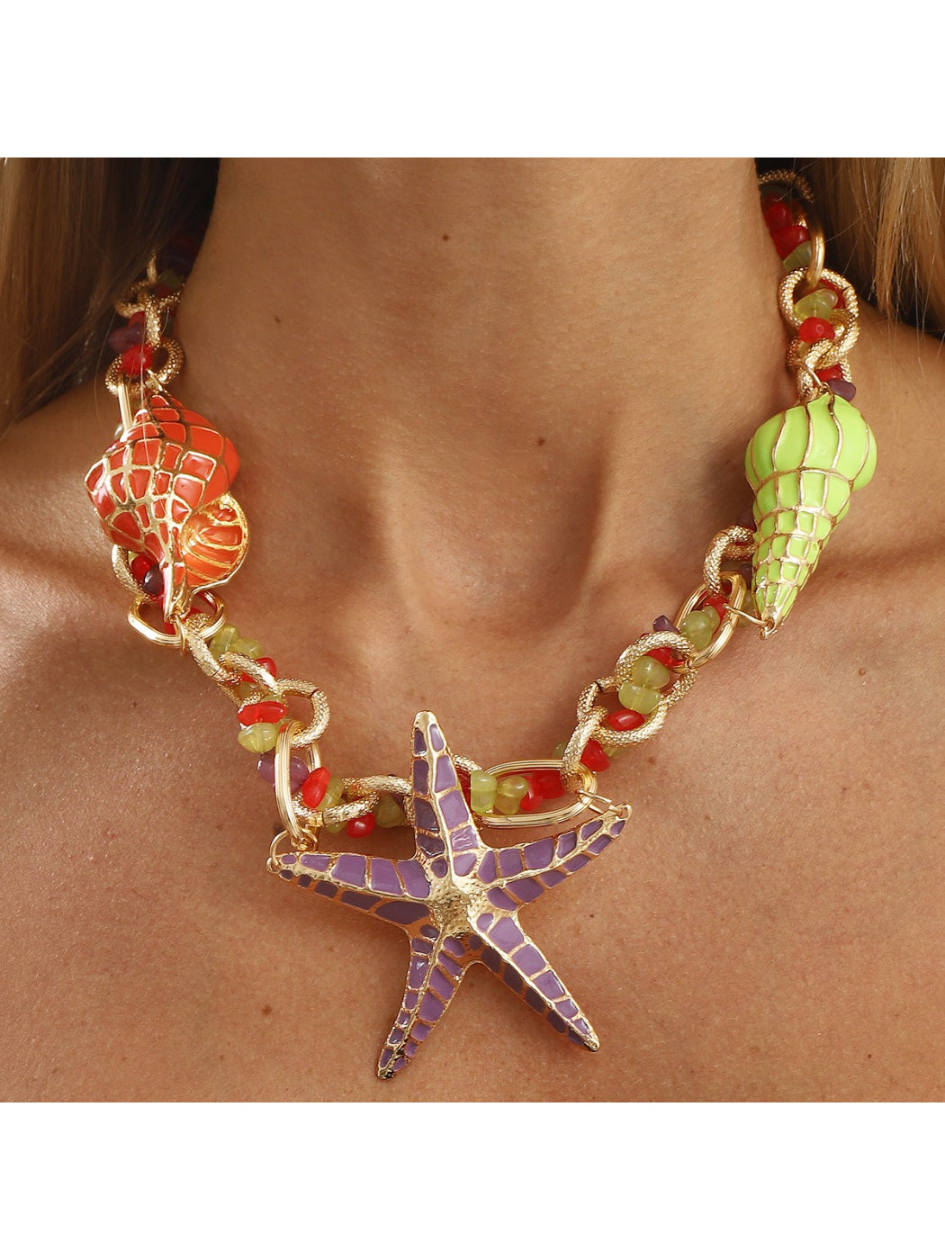 Close-up of Neckit Starfish Charm Chain Necklace with gold starfish pendant on delicate chain
