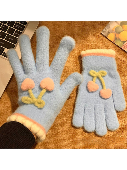 Gloving - Cherry Detail Five-Finger Winter Gloves