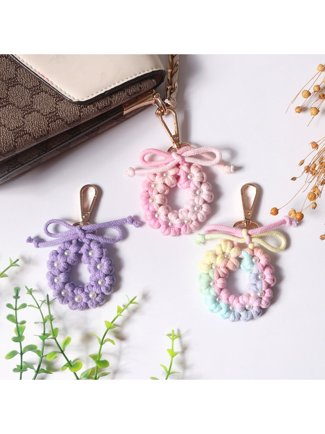 Koco Pastel Floral Wreath Keychain color options including Red, Rainbow, Yellow