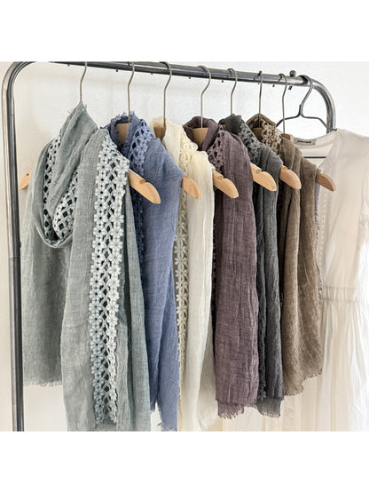 Scarvii - Lace Trim Crinkle Long Scarf