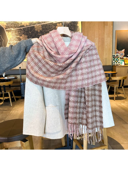 Scarvii - Contrast Panel Plaid Fringed Winter Scarf