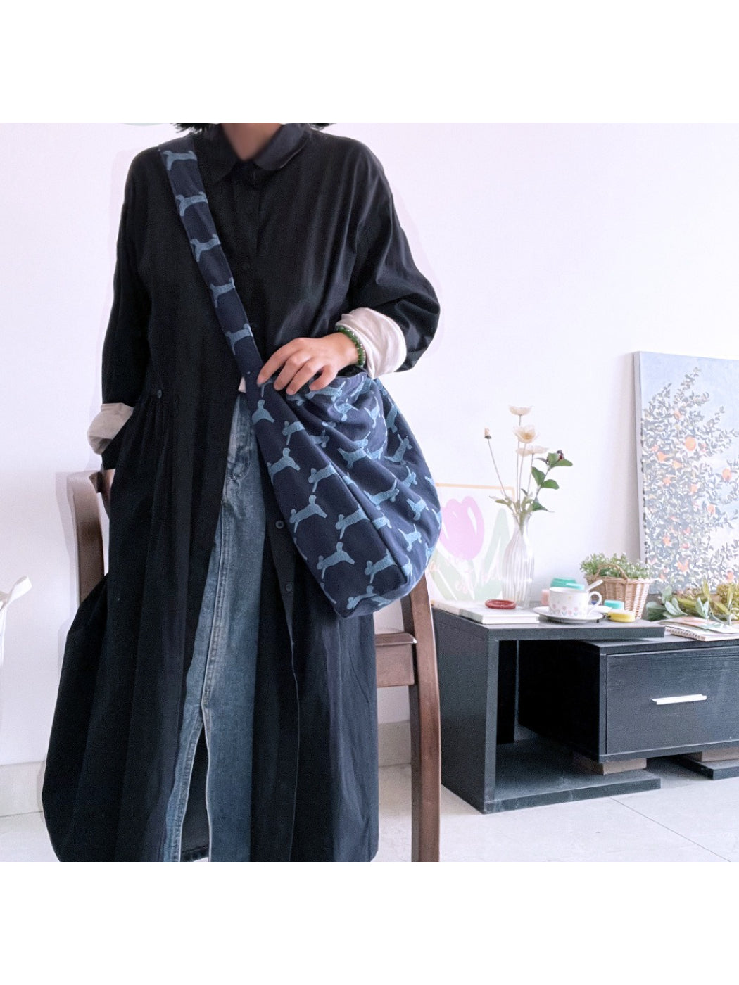 Close-up of rabbit print detail on Cosbai oversized hobo bag