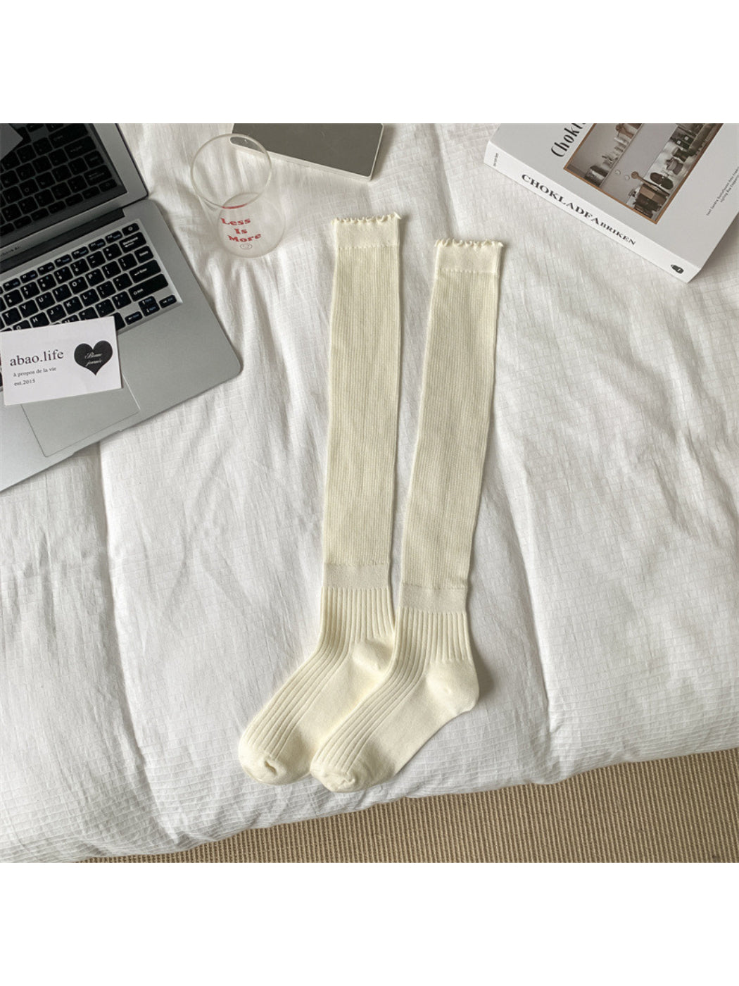 Rufia - Ribbed Knee High Socks with Scalloped Trim