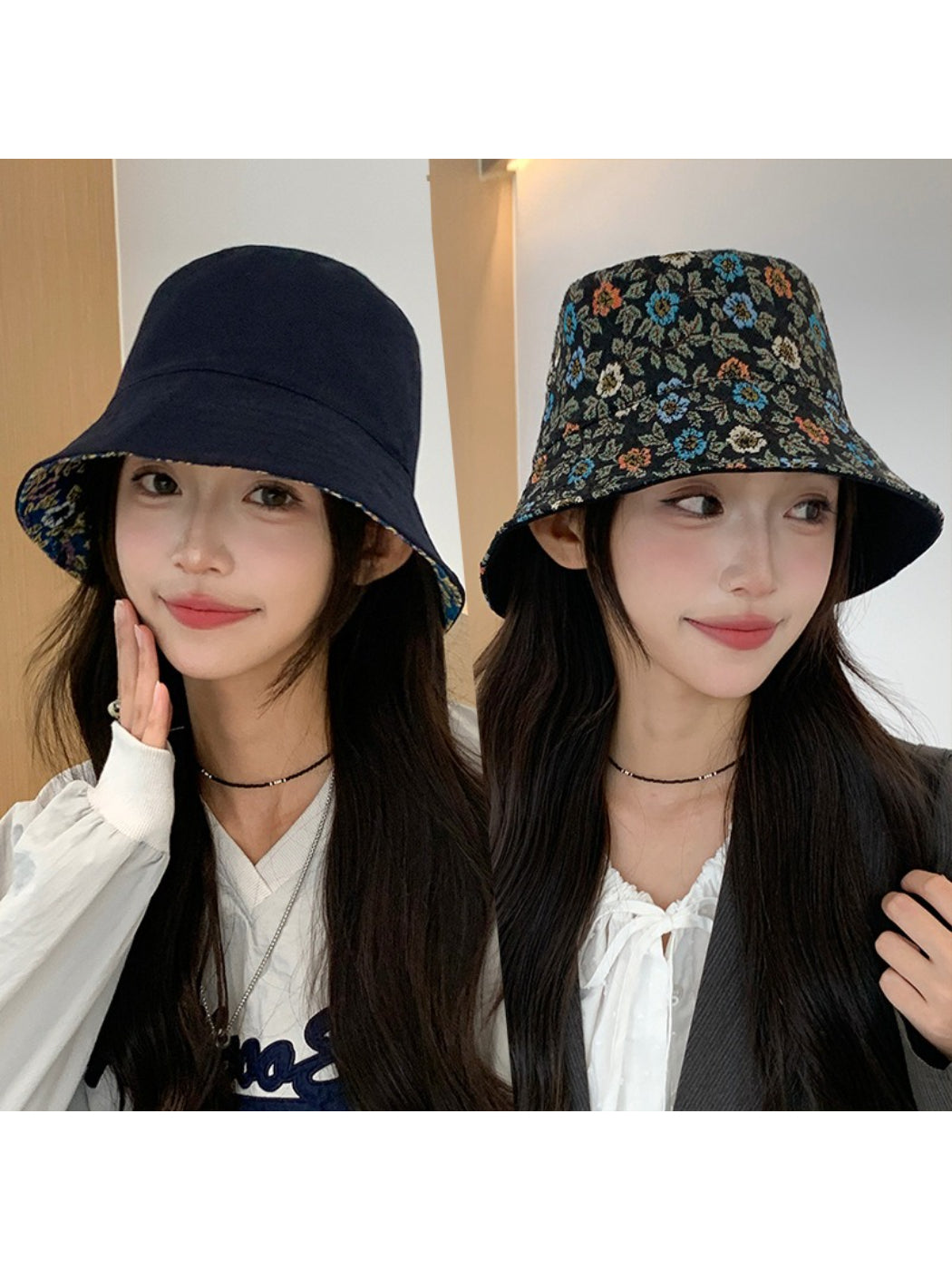 Model wearing Haila vintage floral reversible bucket hat outdoors