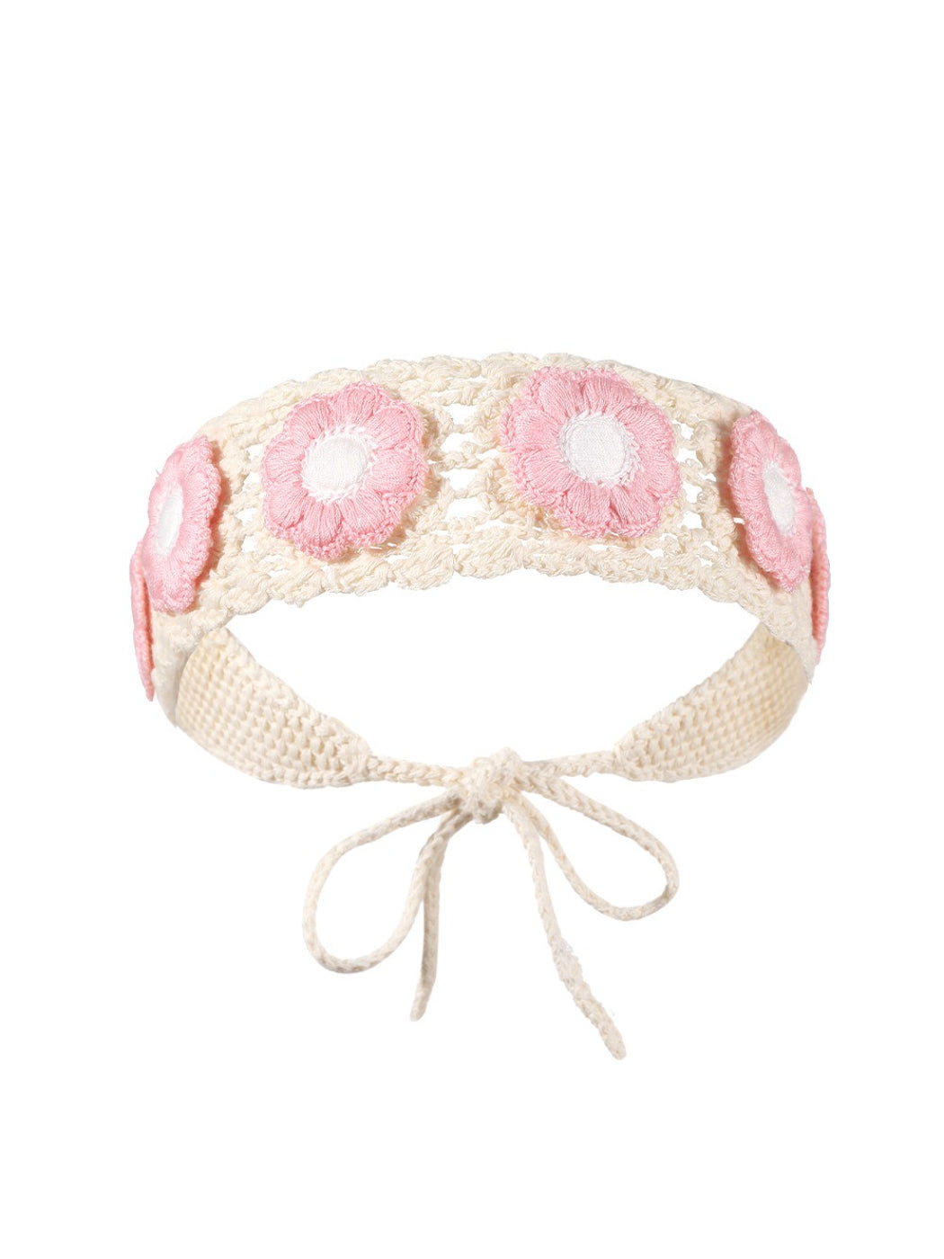 Close-up of Scarvii crochet heart tie headband showing heart pattern and tie ends