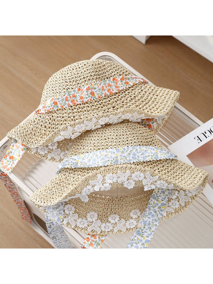 Side view of Haila lace trim floral band bucket hat showing floral pattern and lace detail