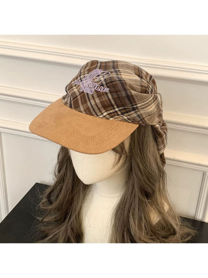 Haila - Plaid Embroidered Tie Back Headscarf Cap