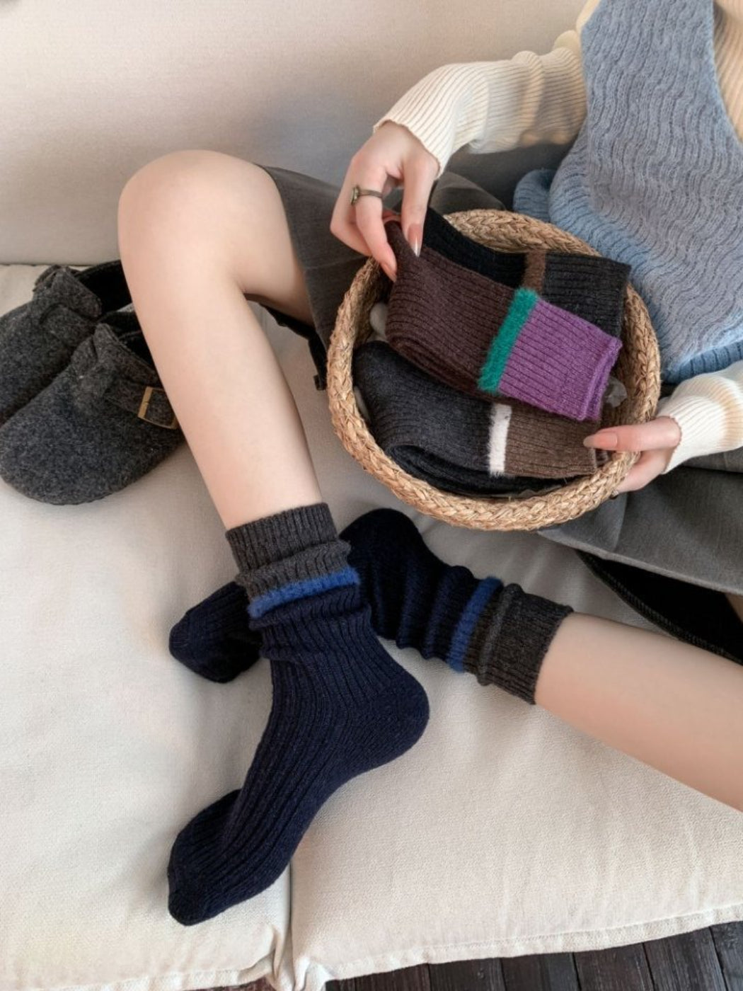Rufia - Stacked Contrast Stripe Ribbed Crew Socks