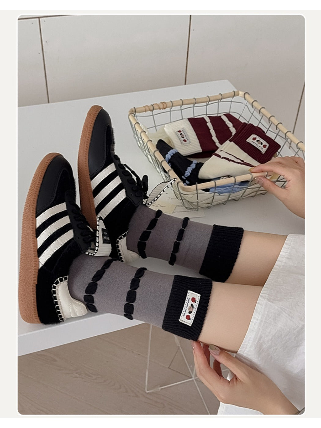 Rufia - Bubble Striped Mid-Calf Socks with Cartoon Label