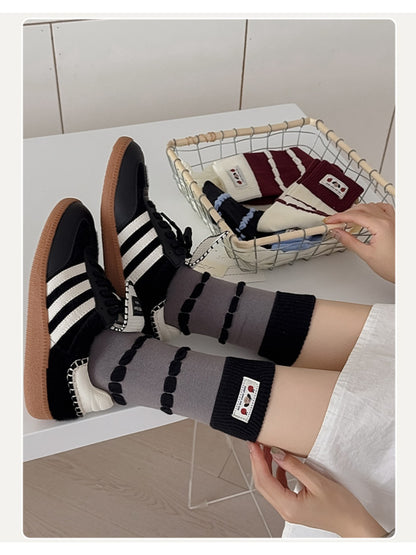 Rufia - Bubble Striped Mid-Calf Socks with Cartoon Label