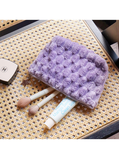 Cosbai fuzzy makeup pouch displayed flat showing soft texture and star pendant