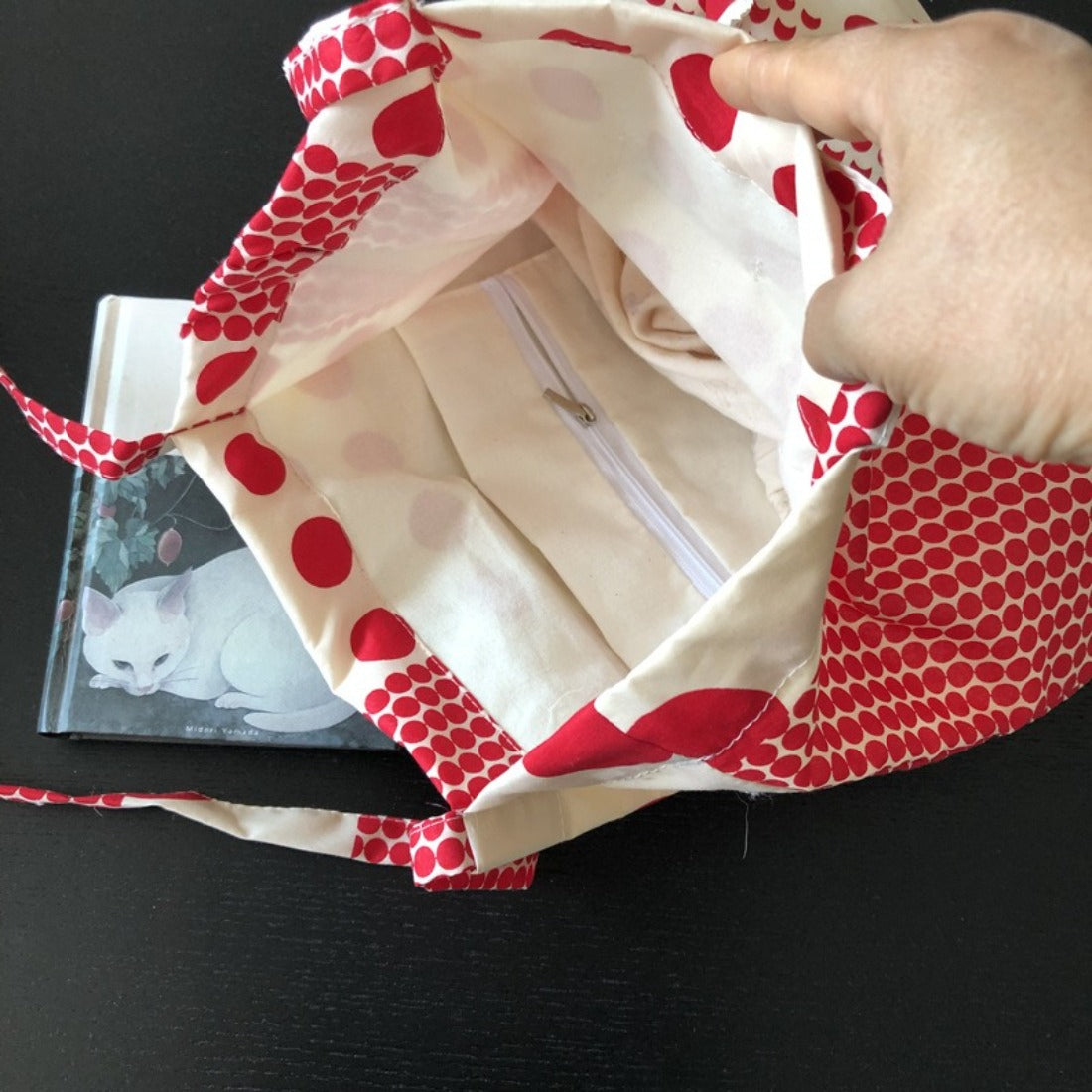 Cosbai Graphic Polka Dot Shopper Tote open showing interior lining and pockets
