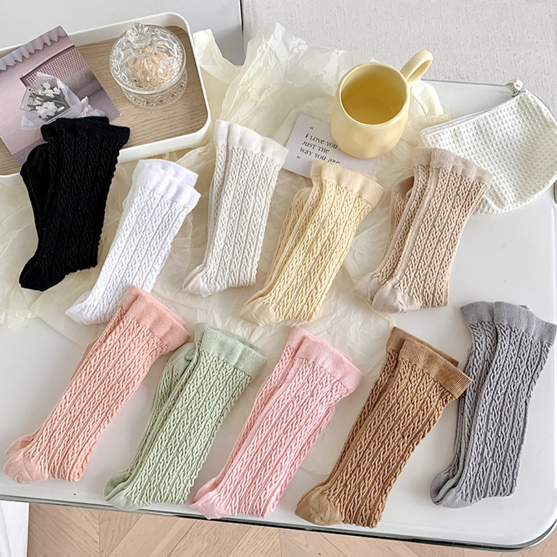 Rufia - Solid Color Cable Knit Striped Crew Socks