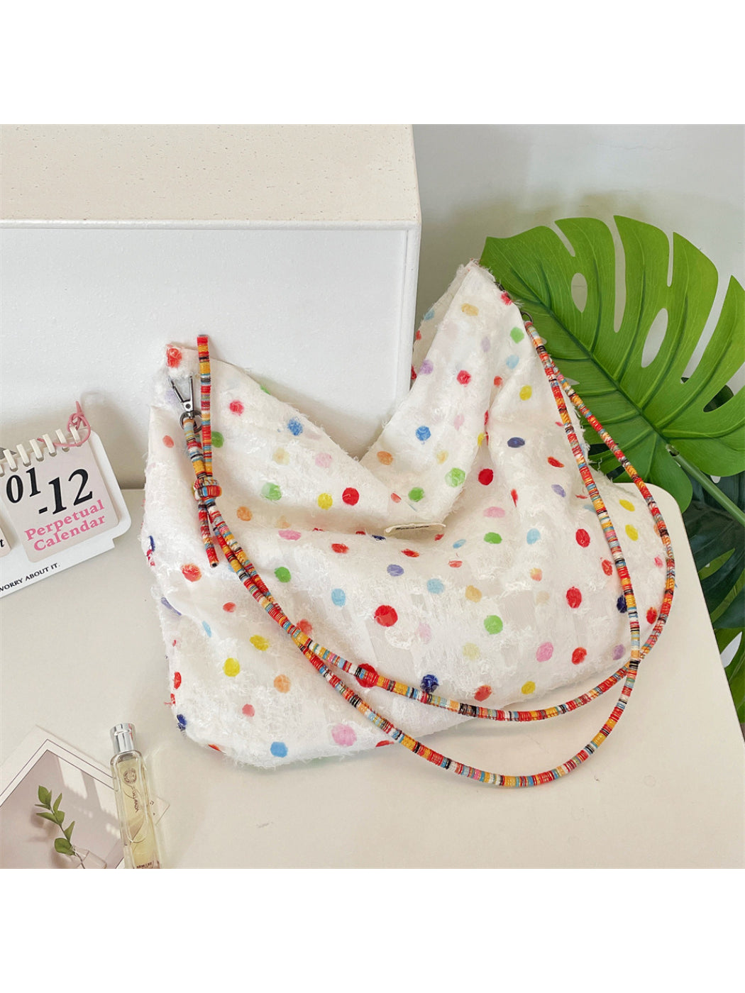 Cosbai - Polka Dot Textured Rope Strap Hobo Bag