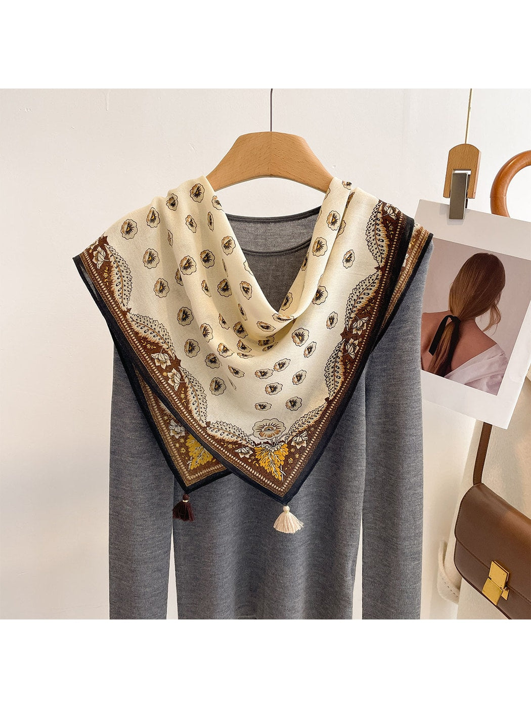 Scarvii - Brown Toned Floral Border Square Scarf