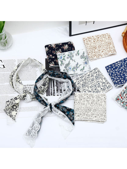 Scarvii - Floral Print Lace Trim Narrow Scarf
