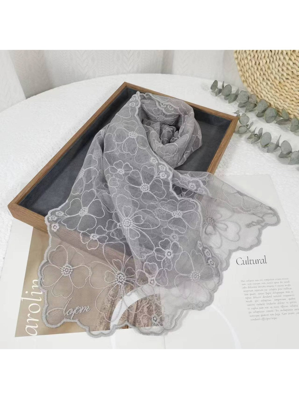Scarvii - Solid Color Floral Lace Long Scarf