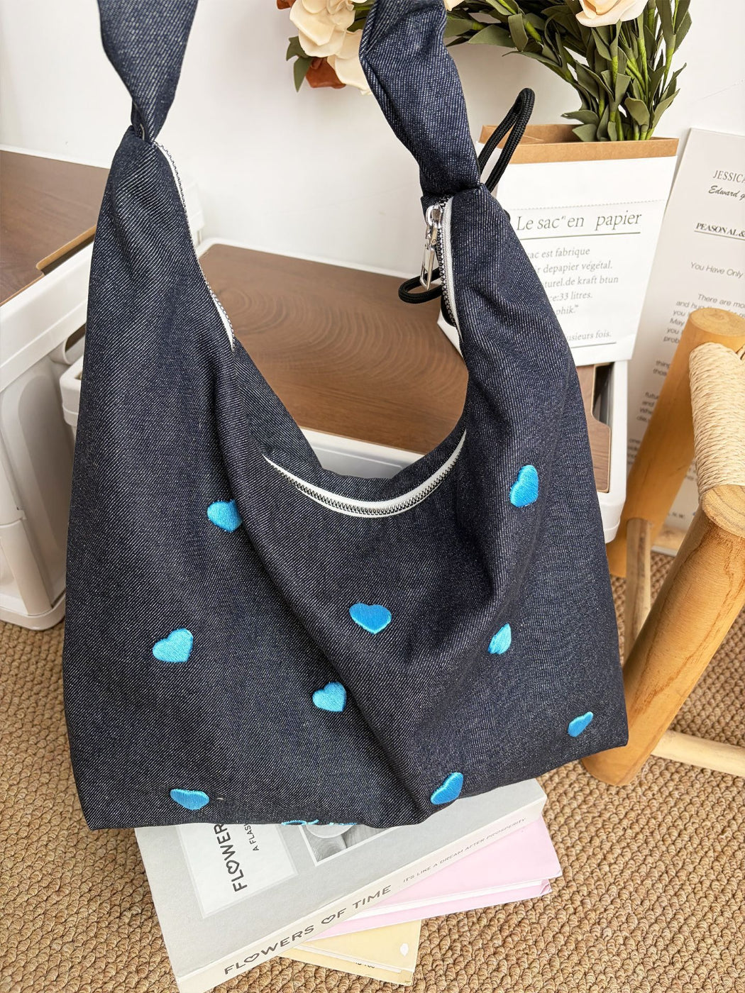 Cosbai slouchy shoulder bag worn on shoulder showing size and fit