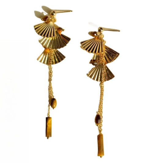 Earwish - Golden Fan & Bead Earrings - Classic & Chic