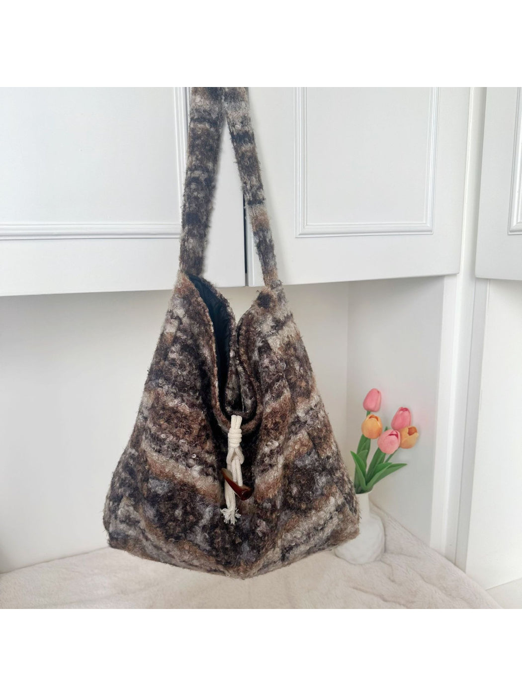 Cosbai - Soft Plaid Drawstring Shoulder Bag