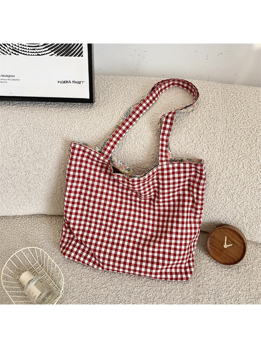 Cosbai - Reversible Gingham Floral Shoulder Bag