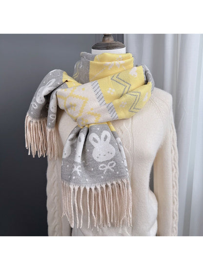 Scarvii - Cozy Bunny Motif Fringe Scarf