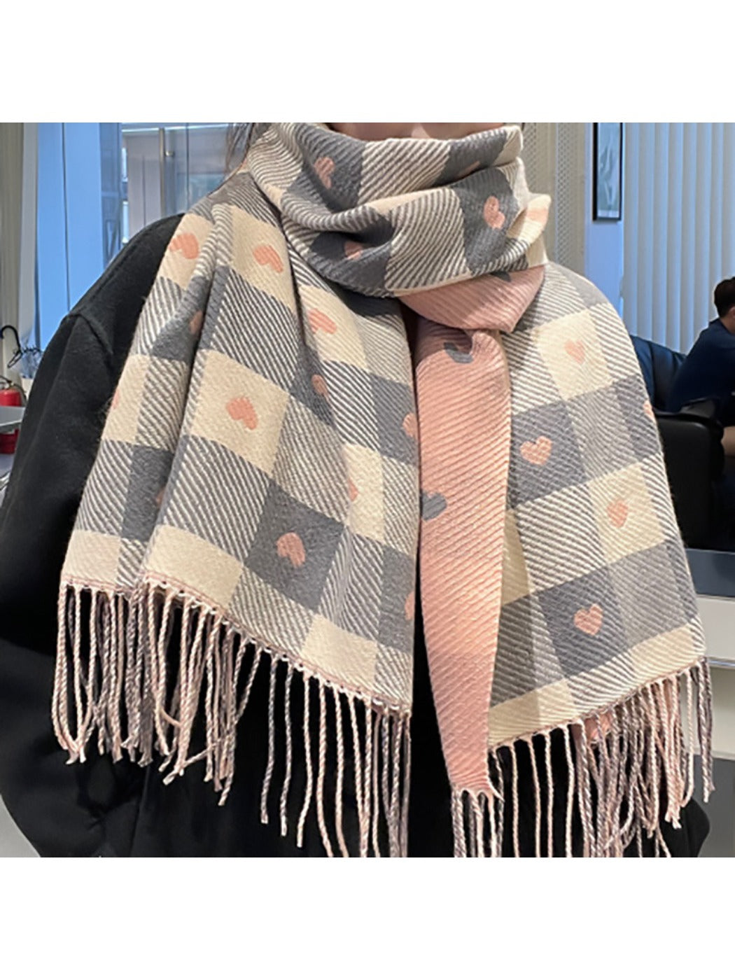 Scarvii - Heart Print Plaid Winter Scarf