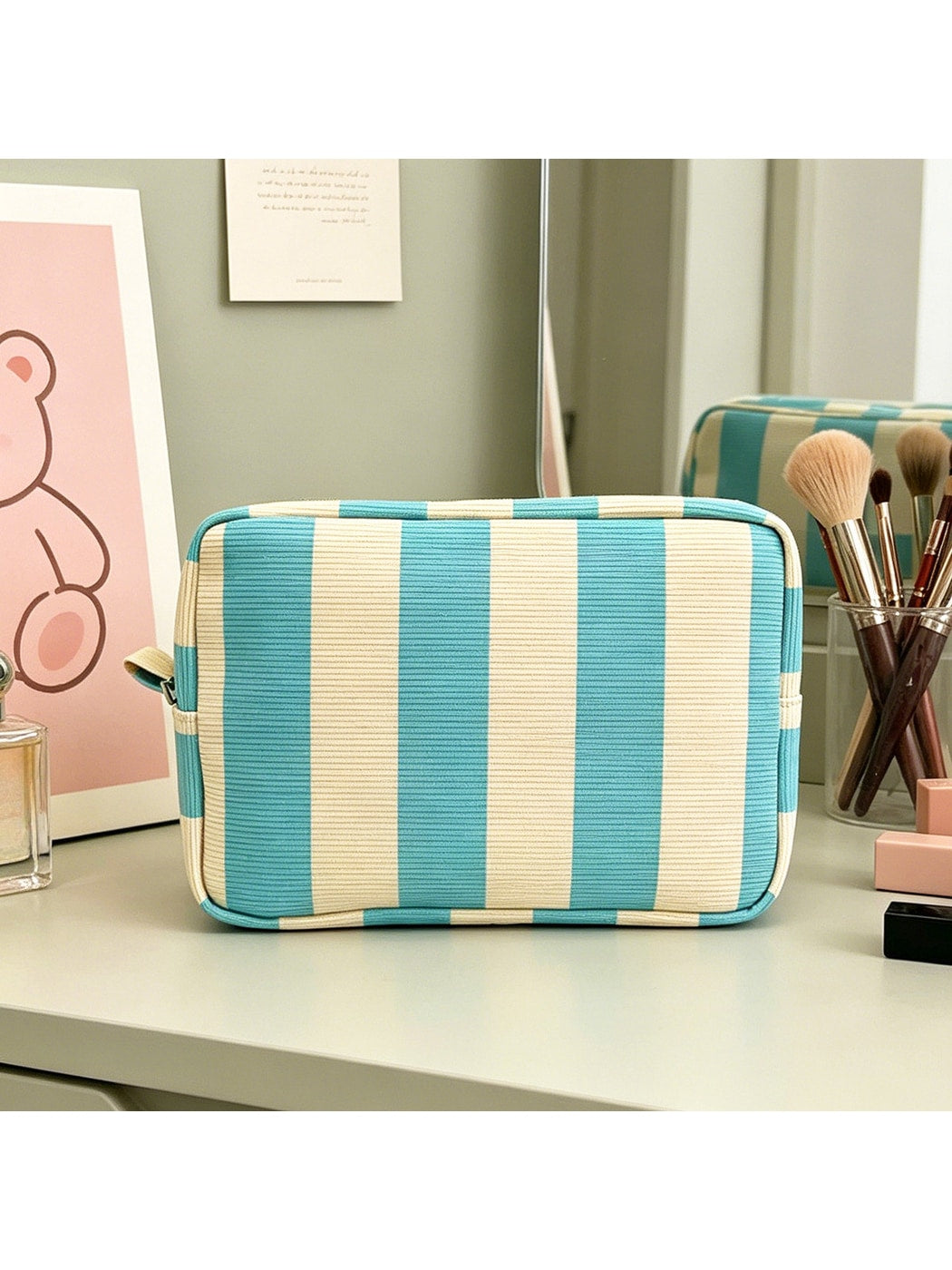 Cosbai - Striped Zipper Cosmetic Organizer Bag