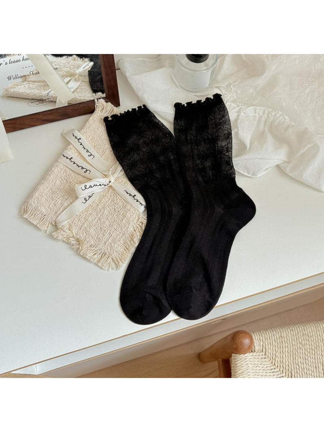 Rufia - Ruffle Trim Ribbed Solid Color Crew Socks