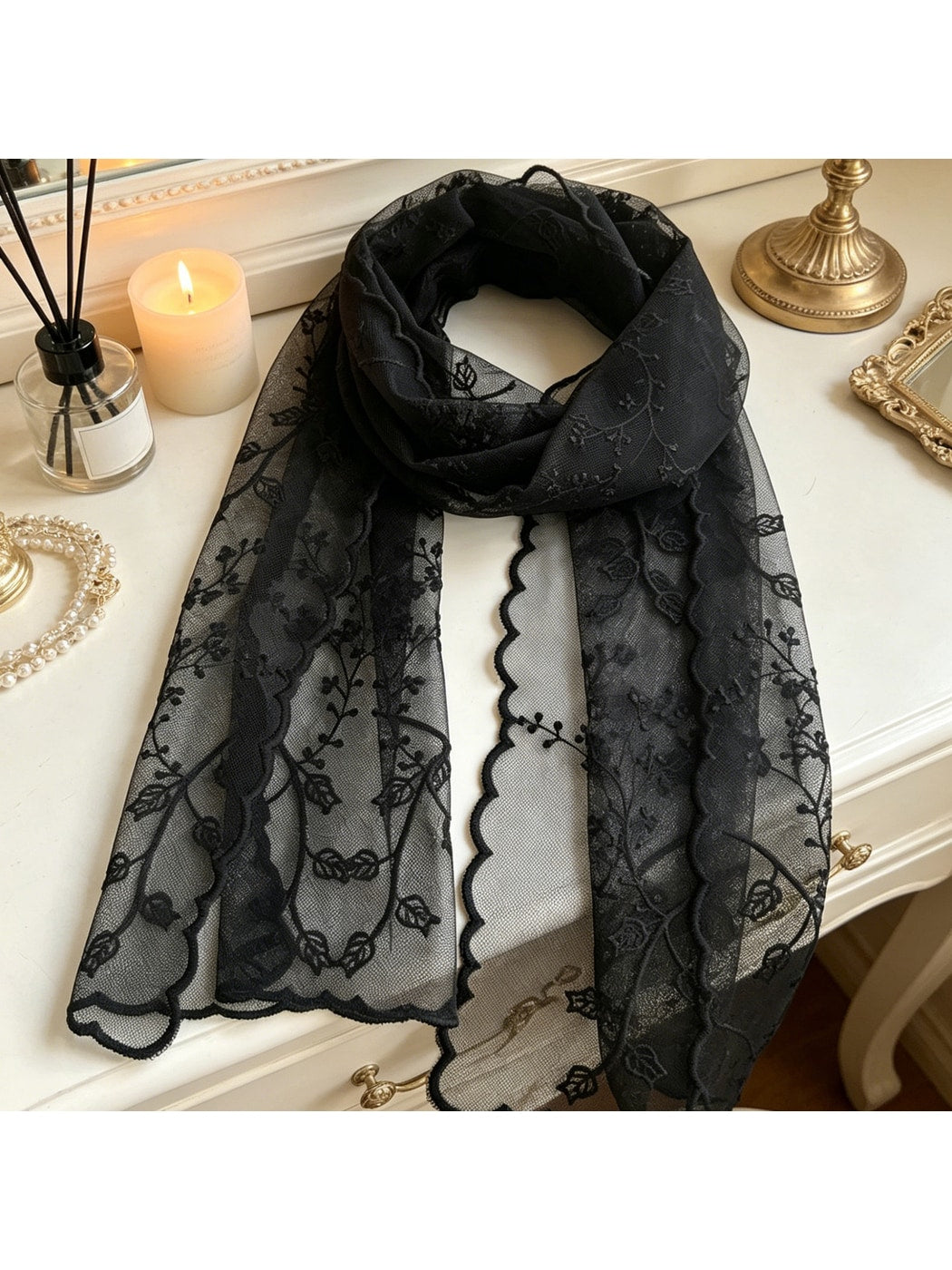 Scarvii - Scalloped Edge Embroidered Long Scarf