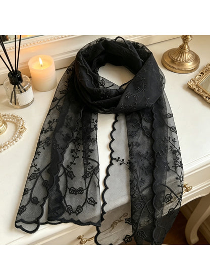 Scarvii - Scalloped Edge Embroidered Long Scarf