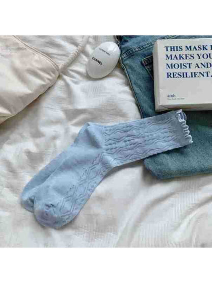 Side view of Rufia Cozy Wave Pattern Socks highlighting the ankle length