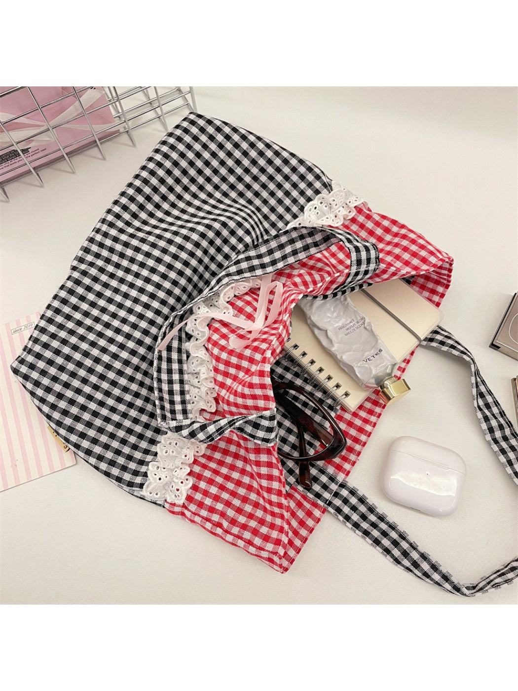 Cosbai - Lace Trim Gingham Tote Bag