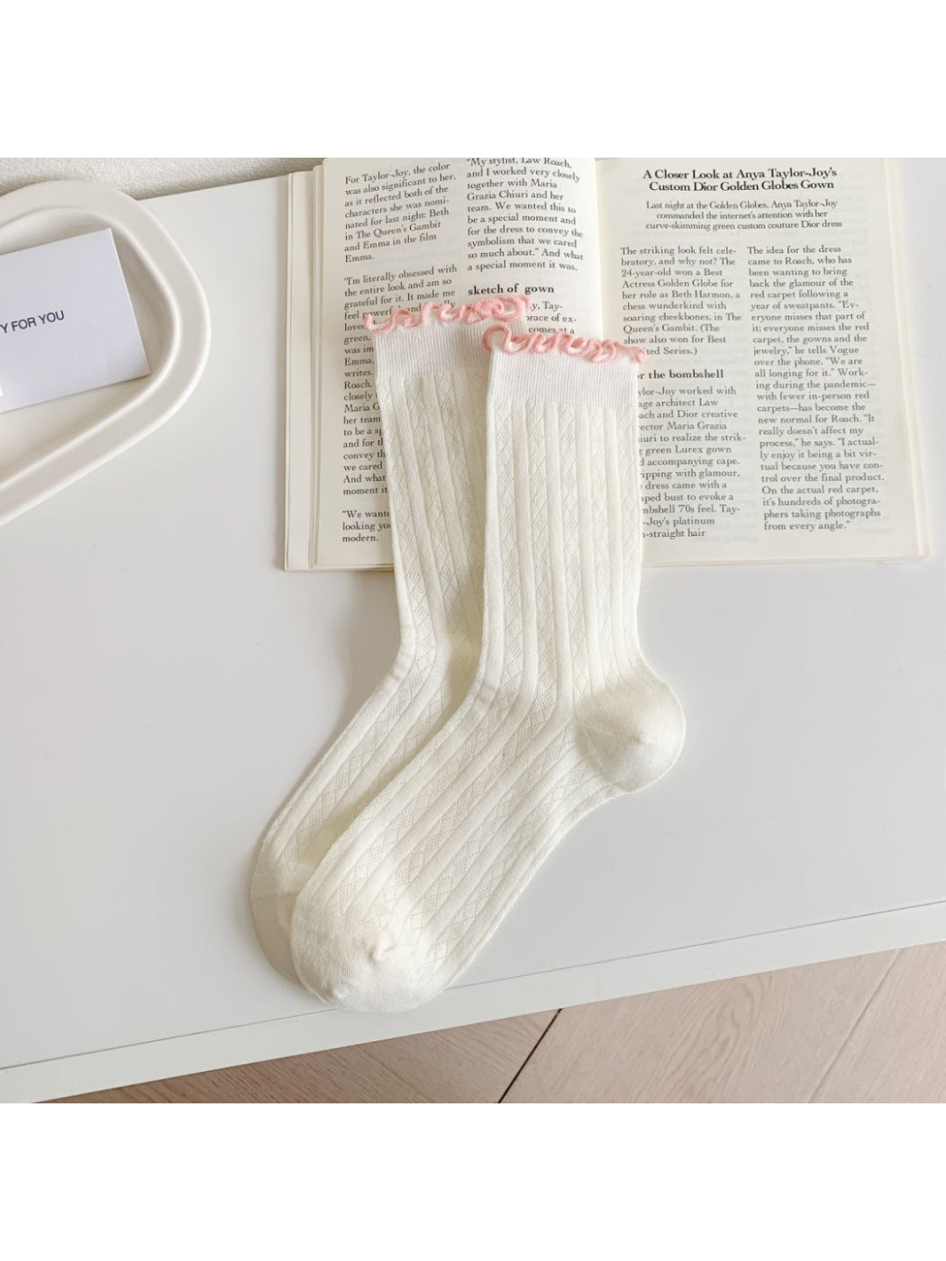 Rufia - Color Trim Ruffle Cuff Crew Socks